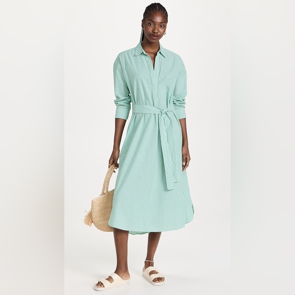 XIRENA Marlowe Dress Clover Green White Stripe Long Sleeve Belted collar
